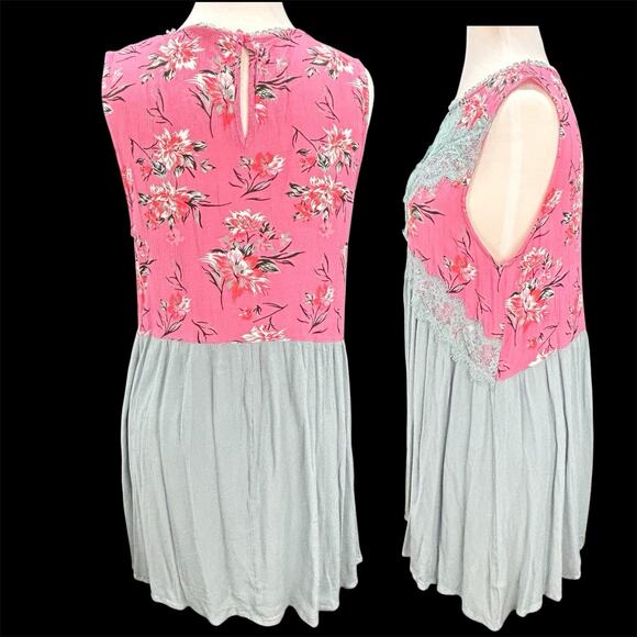 Umgee Sleeveless Dress Womens Large Pink Blue Floral Lace Keyhole Gauzy Flowy - Picture 2 of 12